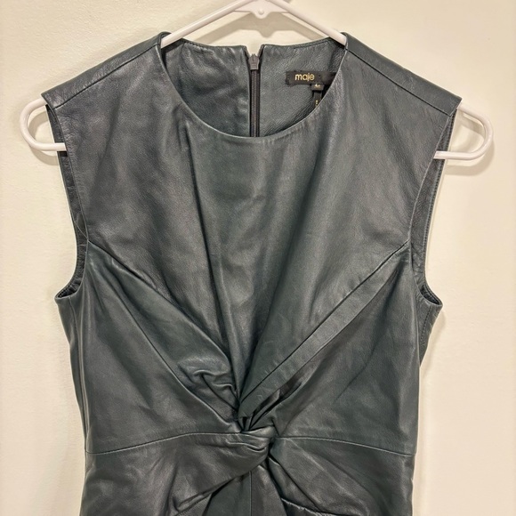 Maje Lambs Leather Mini Dress Twist Knot Front Black Bodycon Party Sleeveless - Picture 10 of 11